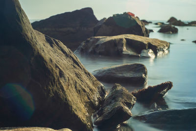 Rocks on beach against sky