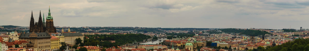 High angle view of city against cloudy sky