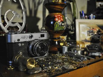 Close-up of camera on table