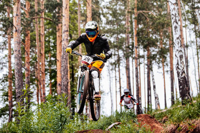 People riding motorcycle on road amidst trees in forest