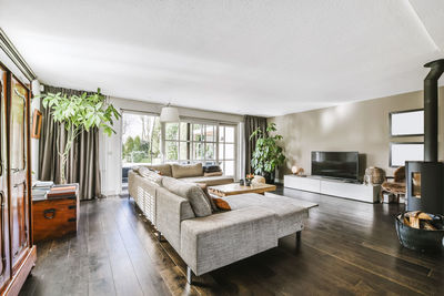 Comfortable sofa placed on rug with table against wall with tv in stylish living room with green plants at window