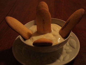 Close-up of dessert in bowl on table