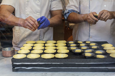 Confectioners making dough for the famous portuguese egg tart pastel de nata