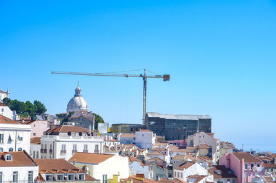 Cranes and buildings against clear blue sky