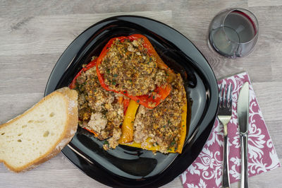 High angle view of food in plate on table