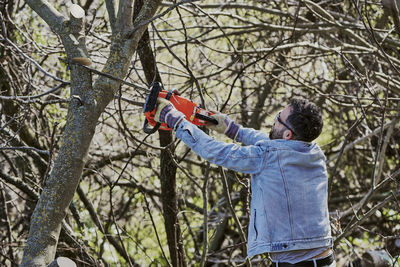 Man standing by bare tree in forest