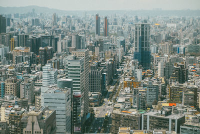 High angle view of modern buildings in city