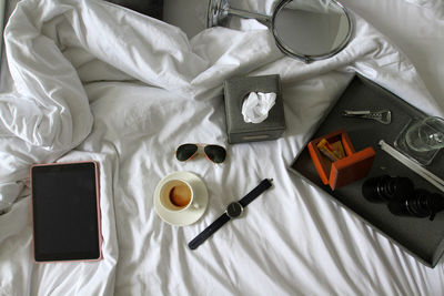 High angle view of products on bed