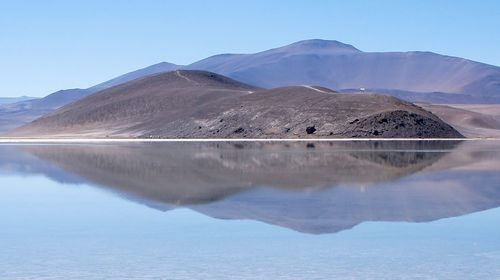 Scenic view of lake and mountains against clear blue sky