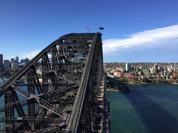 Sydney harbor bridge over parramatta river by cityscape against sky