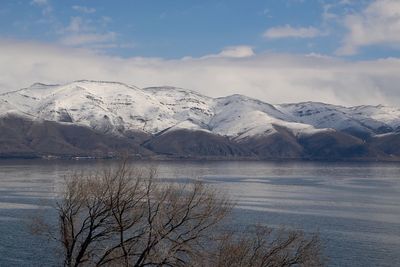 Scenic view of lake and snowcapped mountains against sky