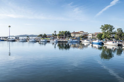 The port  of la caletta, siniscola, sardinia with reflected boat