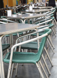 Empty chairs and tables in restaurant