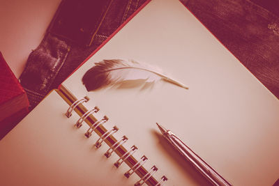 High angle view of feather on table