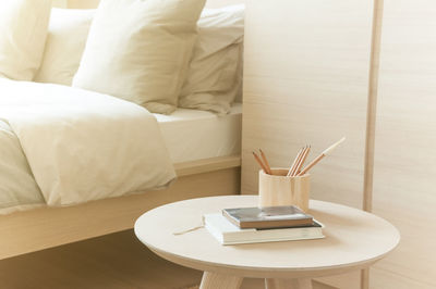 High angle view of mannequin on table at home