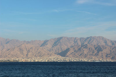 Scenic view of sea and mountains against sky