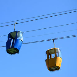Low angle view of overhead cable car against blue sky
