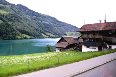 View of houses and mountain range