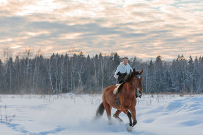 A girl in a white cloak rides a brown horse in winter. golden hour, setting sun.