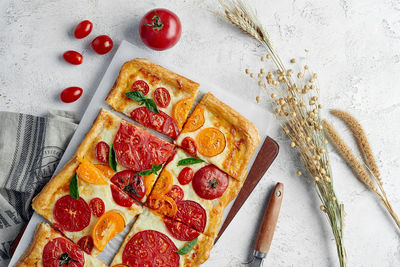 High angle view of pizza on table