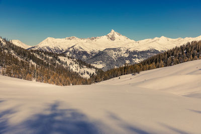 Scenic view of snowcapped mountains against sky