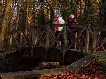 People sitting on footbridge in forest