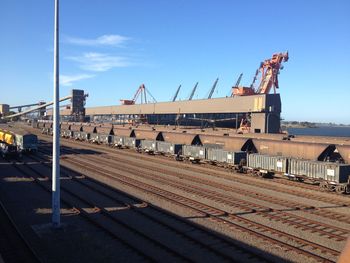 High angle view of railroad tracks at harbor