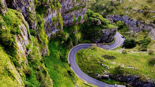 High angle view of winding road amidst plants