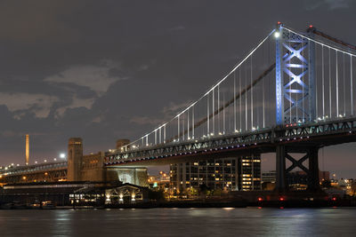 Illuminated bridge over river against sky at night