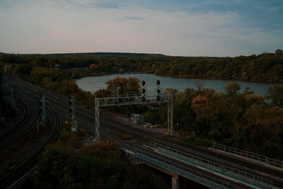High angle view of railroad tracks against sky