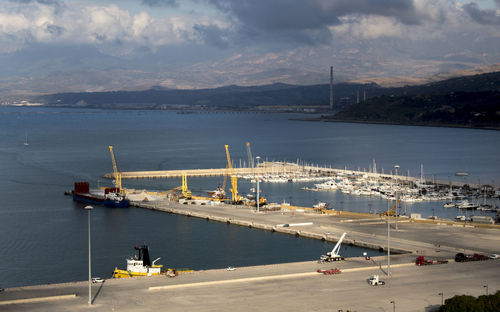 High angle view of commercial dock against sky