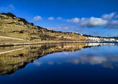 Reflection of mountain and lake against blue sky