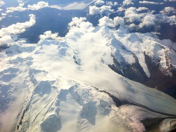 Aerial view of snowcapped mountains against sky