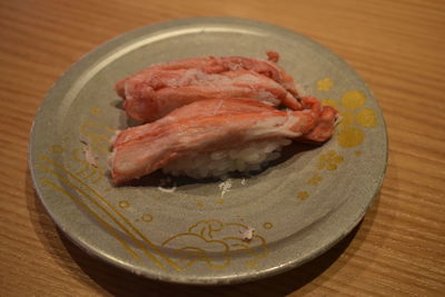 High angle view of sushi in plate on table