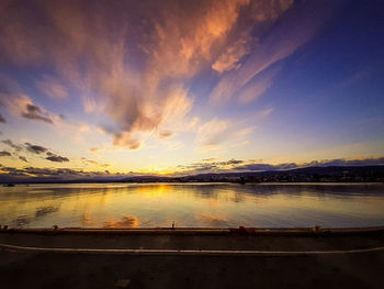 Scenic view of lake against sky during sunset