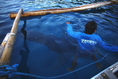 High angle view of man by whale shark swimming in sea