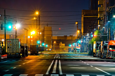 Illuminated city street at night