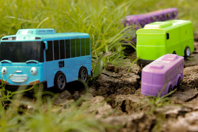 Close-up of toy car on field