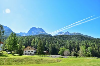 Scenic view of field and mountains against clear blue sky