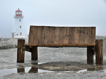 Bench in front of peggys cove lighthouse