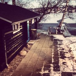 Narrow walkway along walls