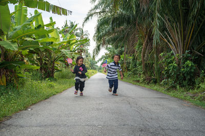 Rear view of people walking on plants