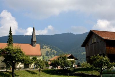 Houses by trees and buildings against sky