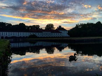 Reflection of silhouette trees in lake against orange sky