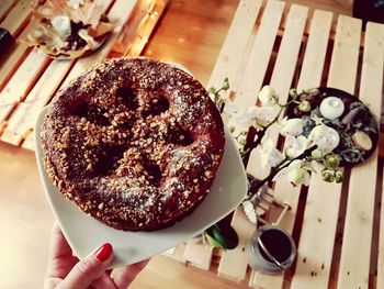 High angle view of cake in plate on table