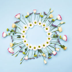 Beautiful flowers composition. wreath made of white flowers. valentines day, happy women's day, mother's day. flat lay, top view, copy space