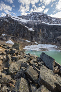 Scenic view of lake by snowcapped mountains against sky