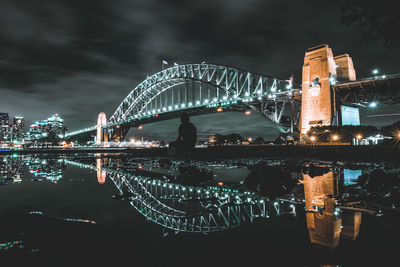 Illuminated bridge against sky at night