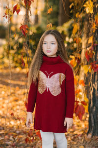 Children girl in a burgundy knitted tunic stands near a tree in a park with yellow and red leaves