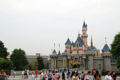 High angle view of tourists against clear sky